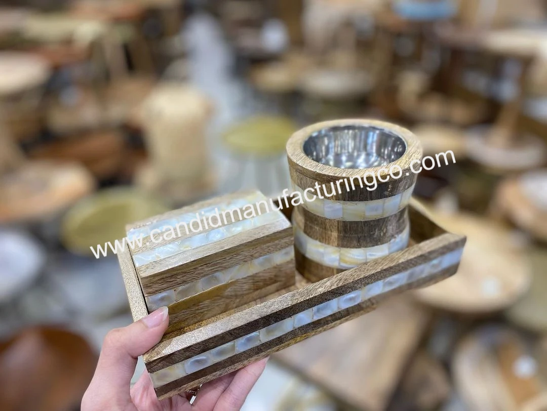 Best Price Bakhoor Burner Set of 3pcs Handmade Wood Tray Box with Mother Pearl Resin Tea Scent Perfect Gift India Manufacturer