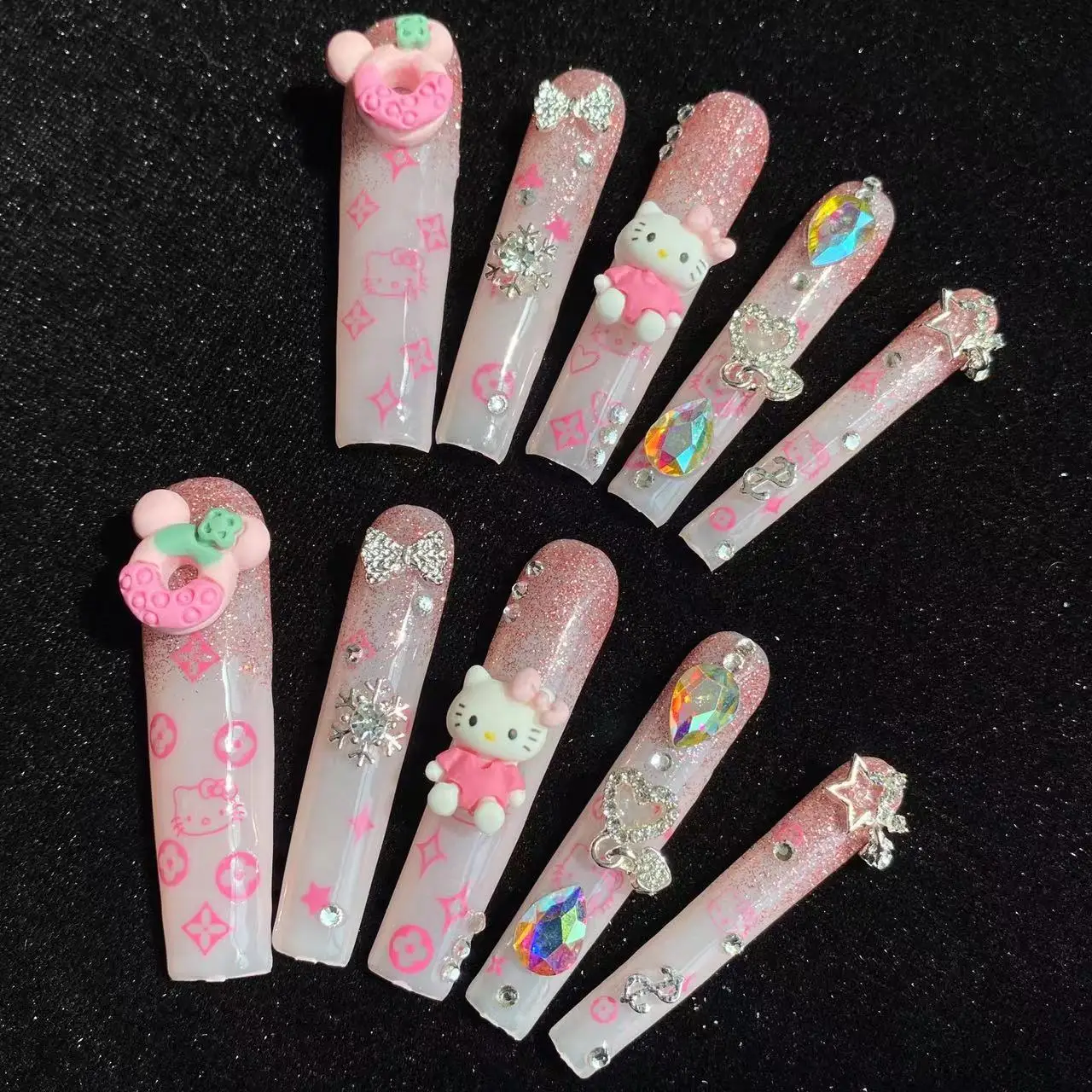 Новая коллекция 2024 Hello Kitty ручной работы накладные ногти Мультяшные милые длинные балерины гроб искусственные
