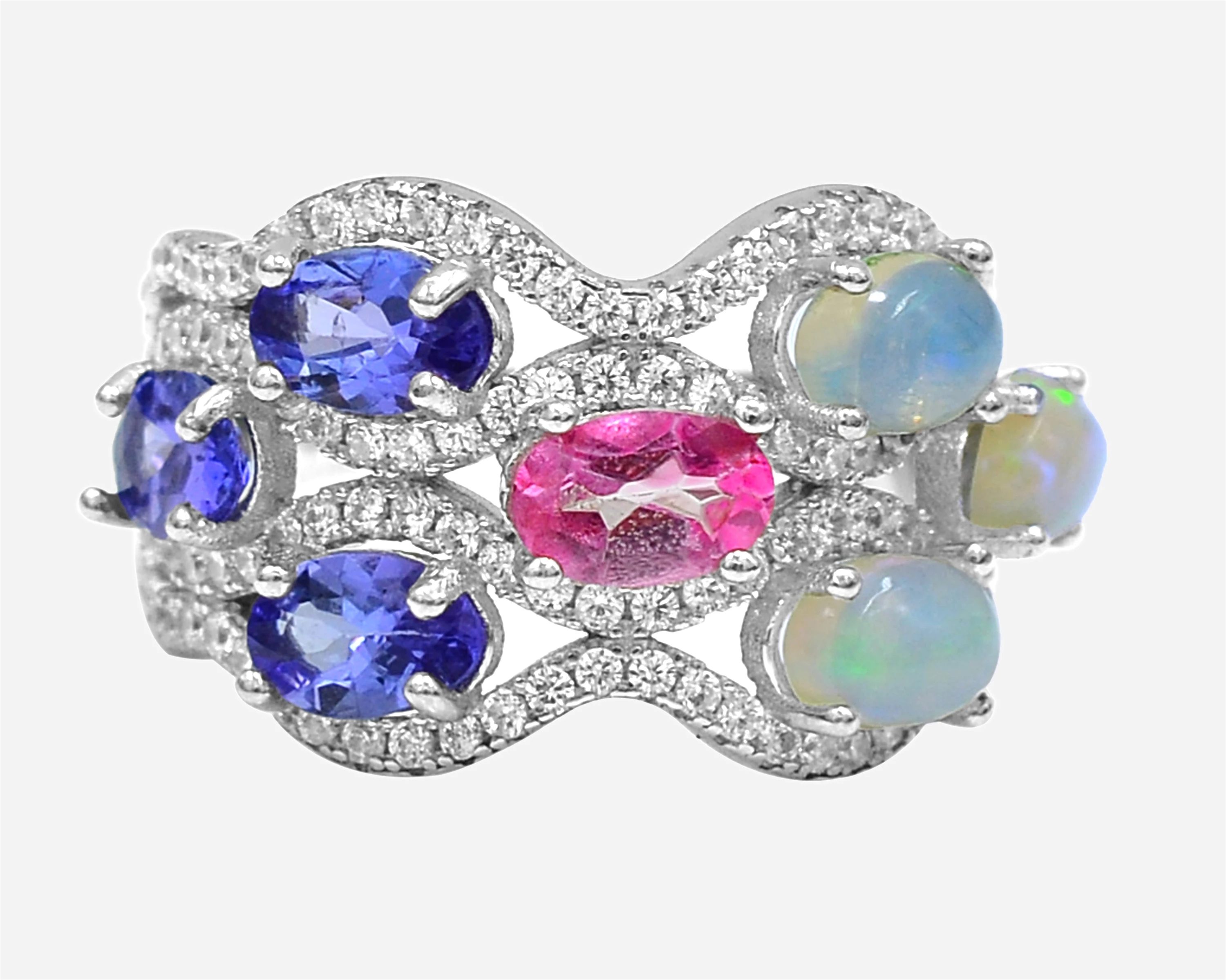 Natural Opal Tanzanite Fire Opal Pink Topaz Oval Multi Gemstone 925 Sterling Silver Cluster Wedding Ring Indian Manufacturer