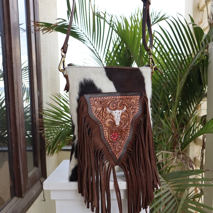 Handmade Western women Crossbody Bag with Concealed Carry On Back and Boho Suede Leather Fringe Tooled Patch Of Floral Design