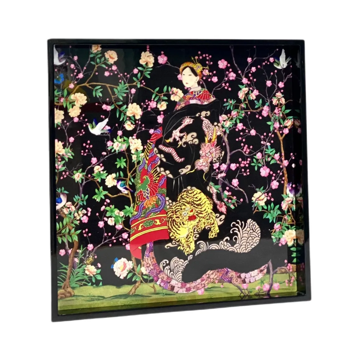 Lacquer Handicraft Tray Powerful Lady In Dragon And Tiger Robe In Black 25.5x25.5cm Art Halinhthu Casa Good Price Vietnam Manufa