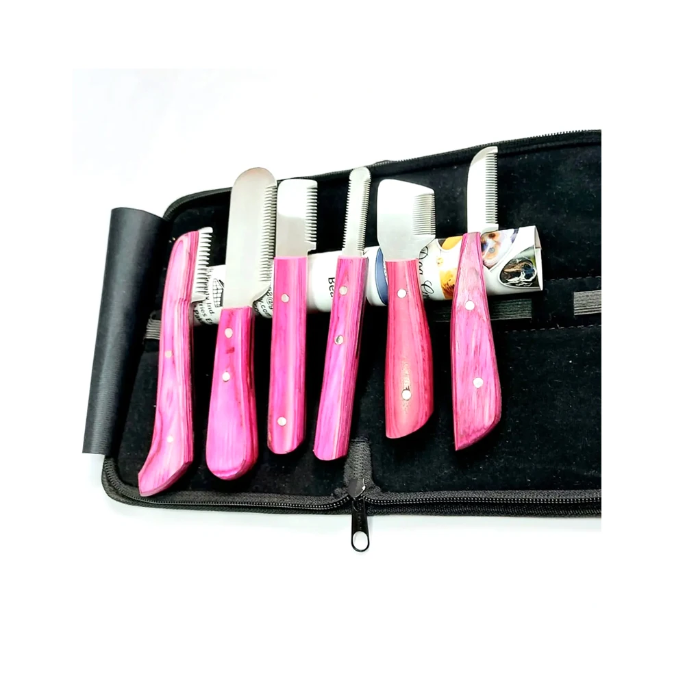Natural Wooden Handle Pet Stripping Knives Set Left & Right Handed Carding Knife & Pink Coat Combs for Dog Grooming