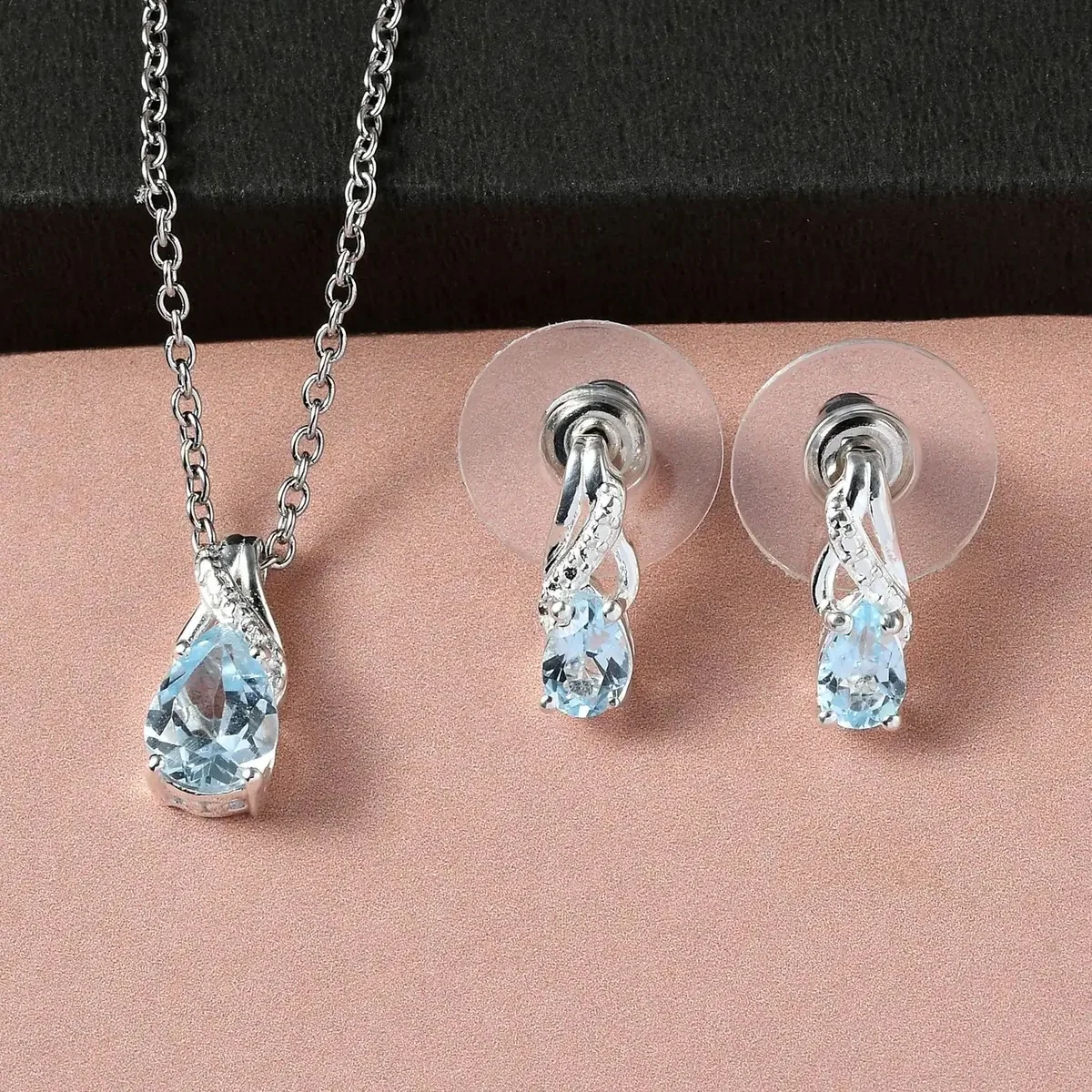 Sky Blue Topaz Earrings and Pendant Necklace Jewelry Set, Sterling Silver and Stainless Steel Jewelry Set Wholesale Jewelry