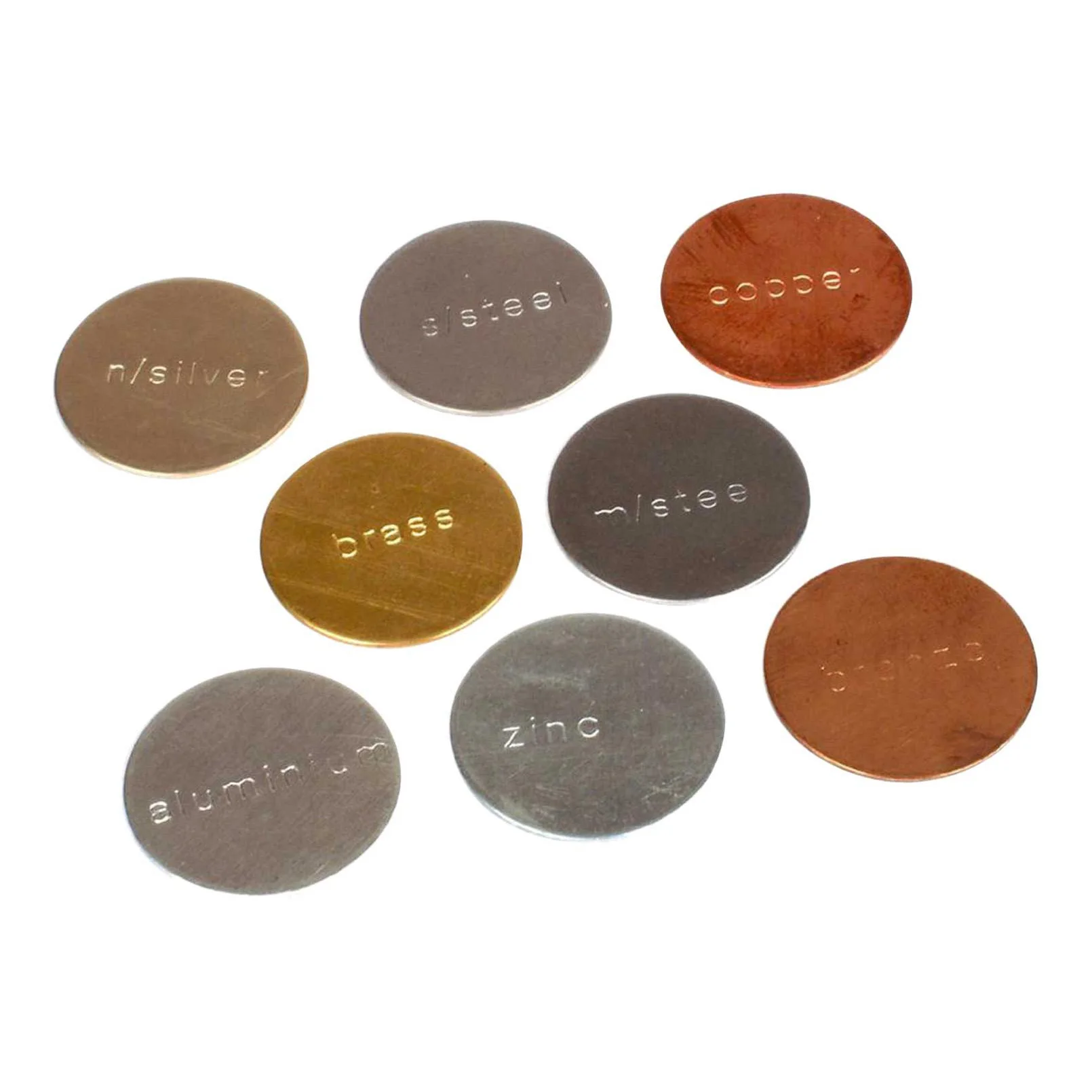 Set Of Metal Discs Set of 8 discs mild steel stainless steel brass zinc nickel silver bronze aluminium and copper
