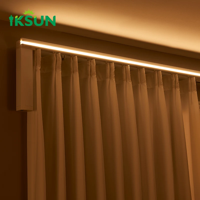 IKSUN Motorized Curtain Track System Electric DC Motor Smart Tuya Homekit APP Control Valance Curtain Rail with LED light
