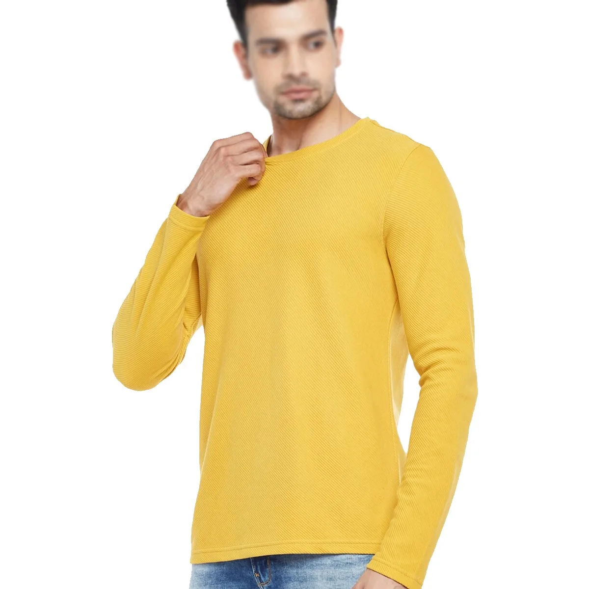 Yellow Drop-Shoulder Sleeves Slim Fit T-shirt Customized Round Neck 2022 Hot Selling Men Full Sleeves Shirts