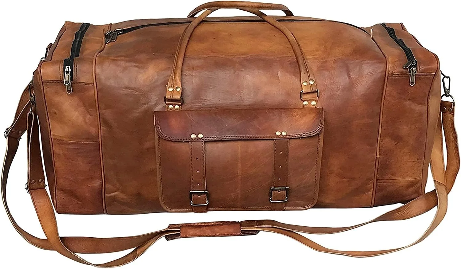 Leather Duffle Bags Large 24 Inch Square Duffel Travel Gym Sports Overnight Weekender Leather Bag for Men and Women