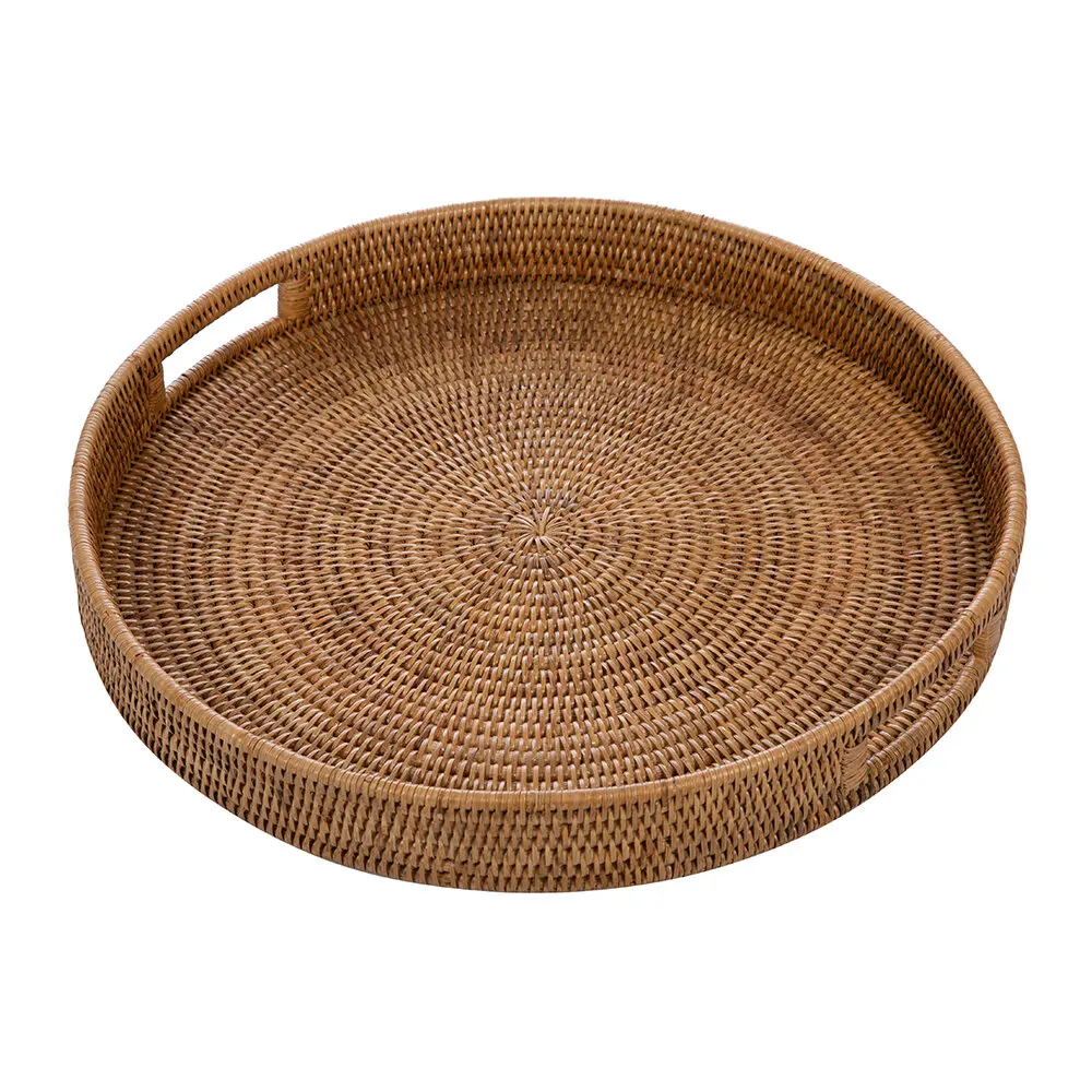 Hot Selling japandi Style Round Rattan Tray With Handle - Natural