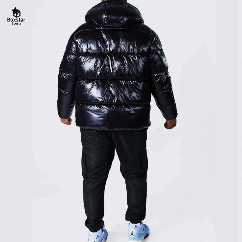 Designer High Quality Coat Hooded Black Shiny Jacket Men Winter Bubble Puff Custom Heavy Shinny Puffer Plus Size Jacket For Men