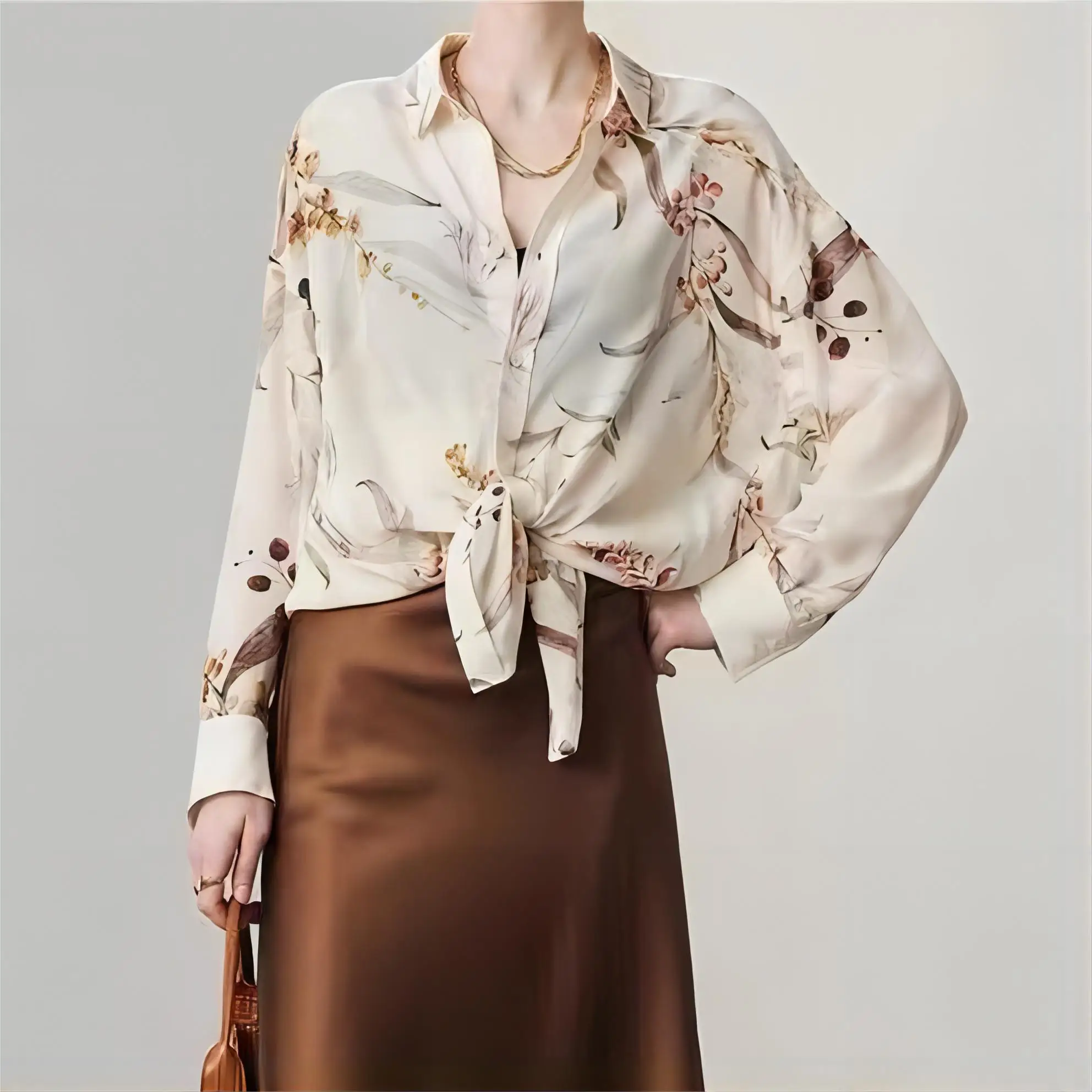 100% шелковые рубашки женские свободные дышащие блузки с длинным рукавом и V-образным вырезом