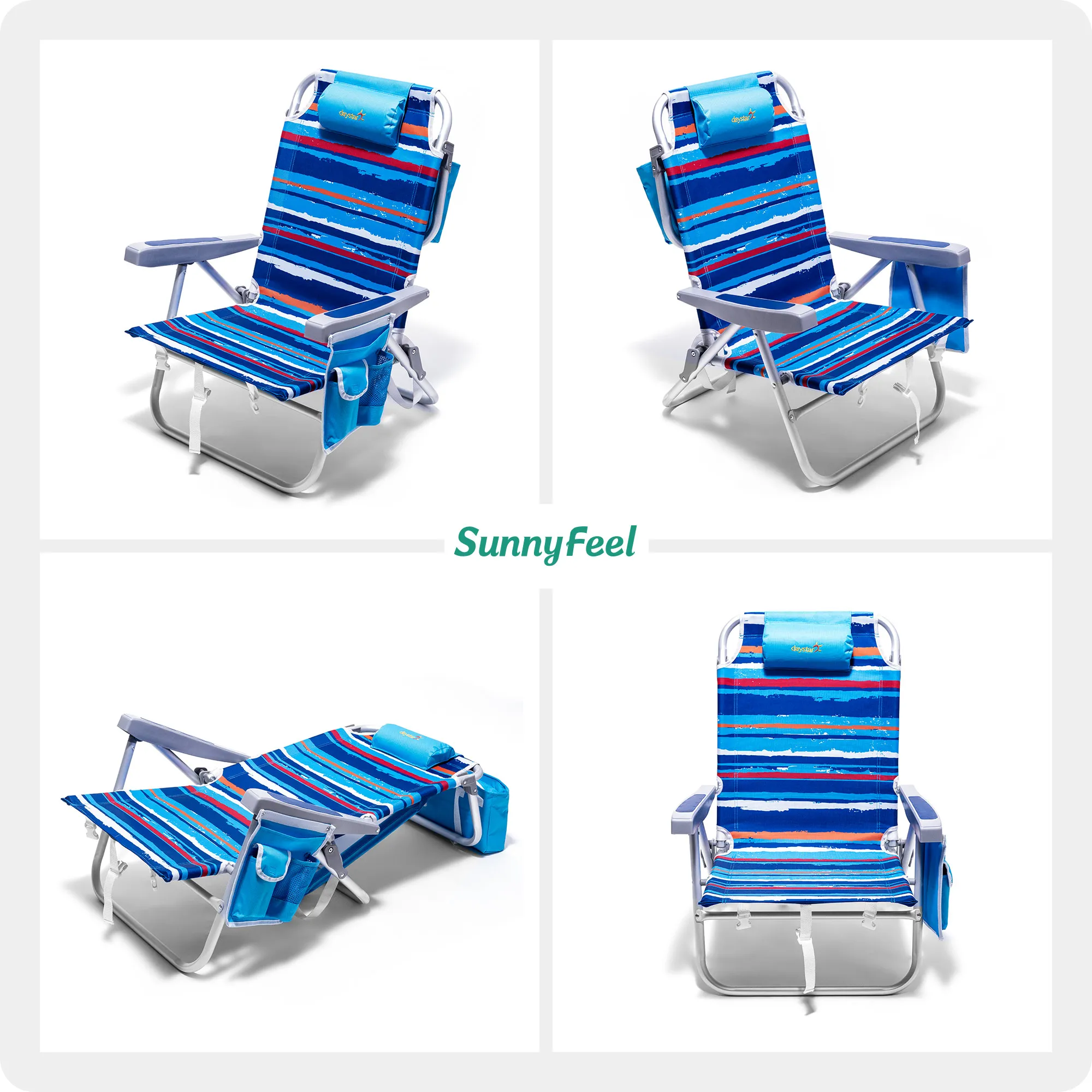 SunnyFeel Folding Lounge Chair with Attached Beverage Holder 5 Recline Settings in Striking Blue Striped Fabric for Coastal Fun
