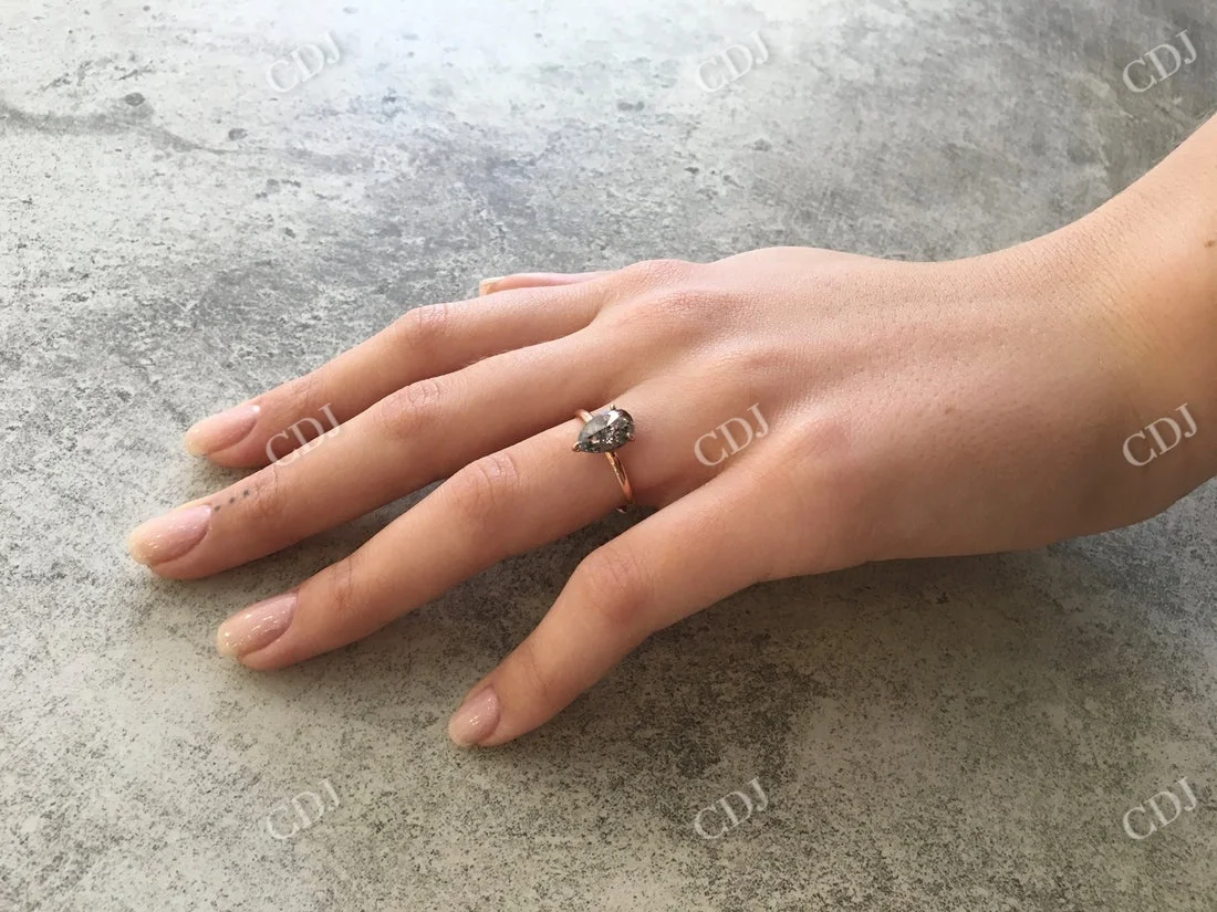 Natural Salt And Pepper Diamond Ring Teardrop Grey Diamond Solitaire Engagement Ring 14K Real Gold Jewelry Available In Stock