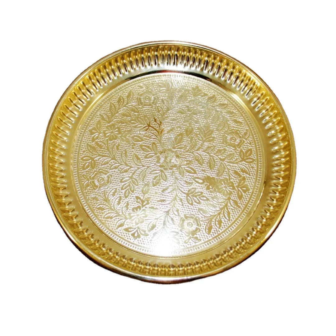 Handmade Brass Puja Thali with Flower Embossed Design for Home and Office Decoration (Gold 6 Inch)  Set of 2