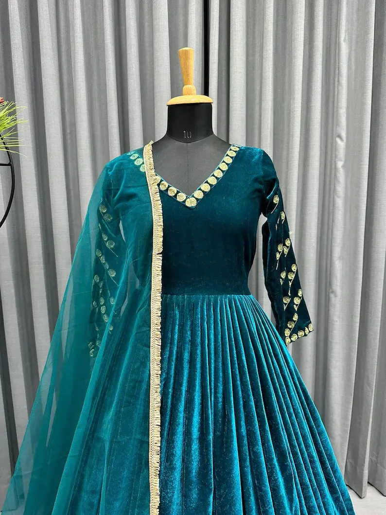 Heavy Velvet Gown Dupatta Green Color Indian Designer Suit With Dupatta for women and Girls Festive Partywear Readymade Dress