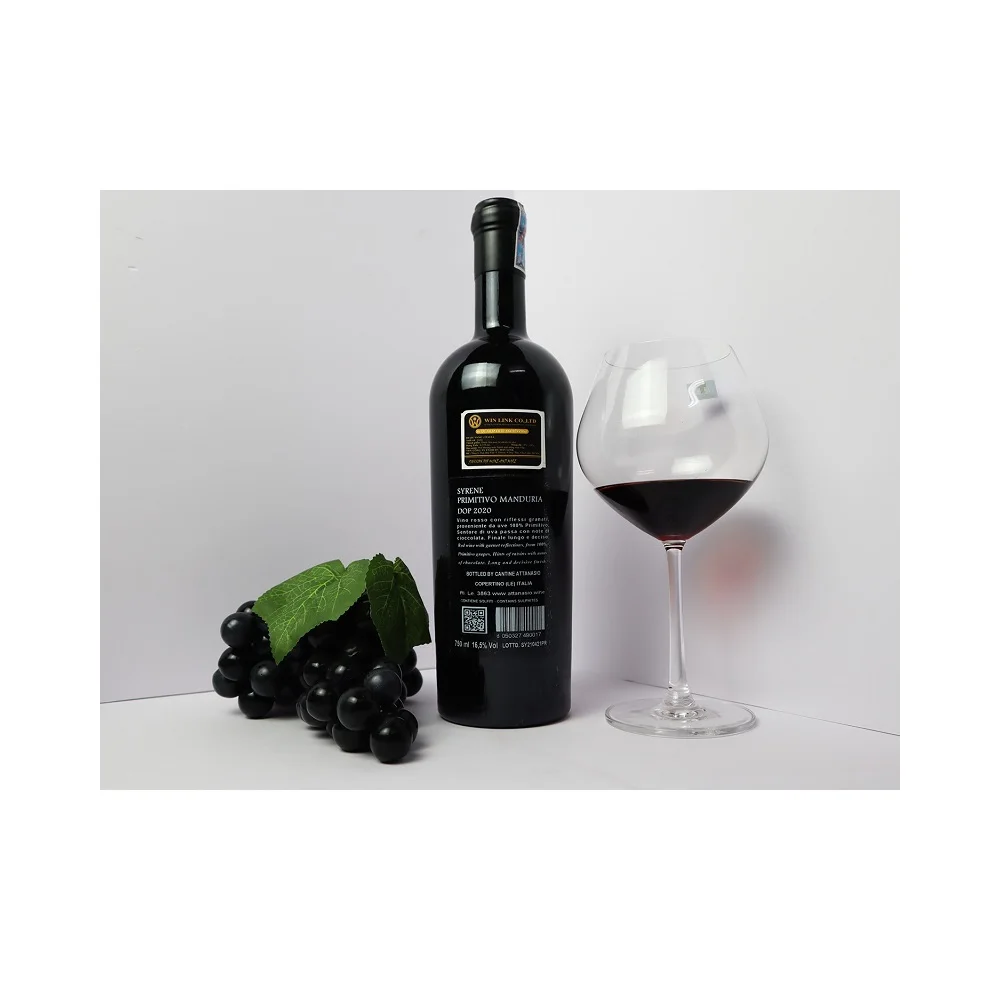 Packaging grape Primitivo type dry use table 750ml wine bottles Attansio Syrene Primitivo DOC Manduria from Italy