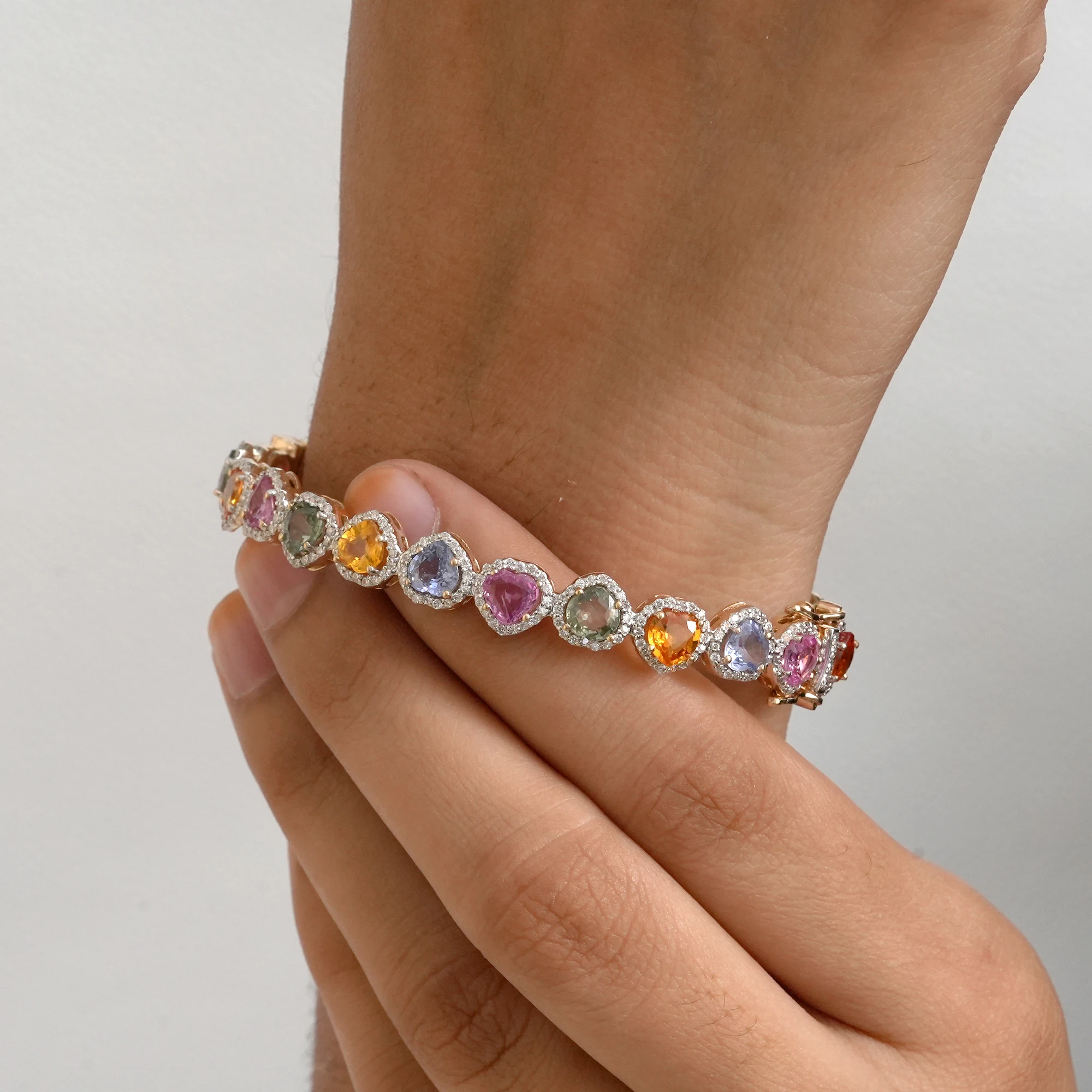 Heart Shaped Multi Sapphire Gemstone Solid 14k Yellow Gold Pave Diamond Openable Oval Bangle Bracelet Wedding Fine Jewelry