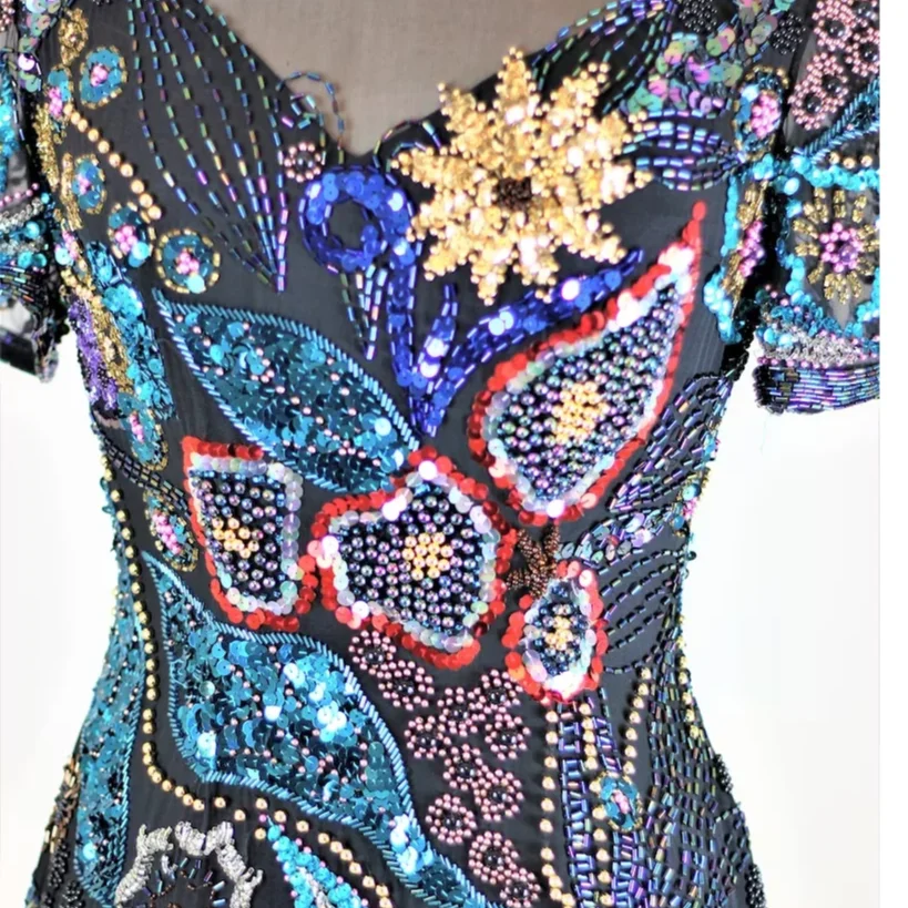 Sequin Silk Dress, Red Bead Gown, Fitted Sheath, Full Length Dress, Evening Gown, Formal Party Gown, Prom Dress, Long Sleeves &