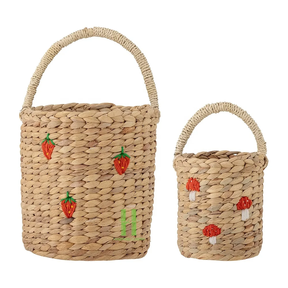 Set of 2 Water Hyacinth Basket with Mushroom Embroidered Kid Toys Storage Baskets Handwoven Natural Straw Baskets from Vietnam