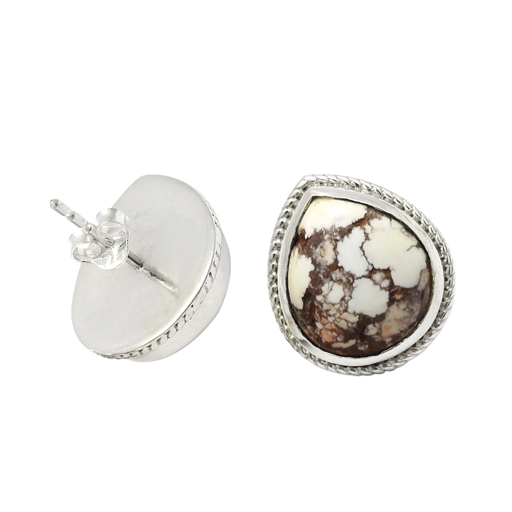 Drop Shape Wild Horse Jasper Bezel Set 925 Sterling Silver Minimalist Design Precious Gemstone Stud Earring Jewelry For Women