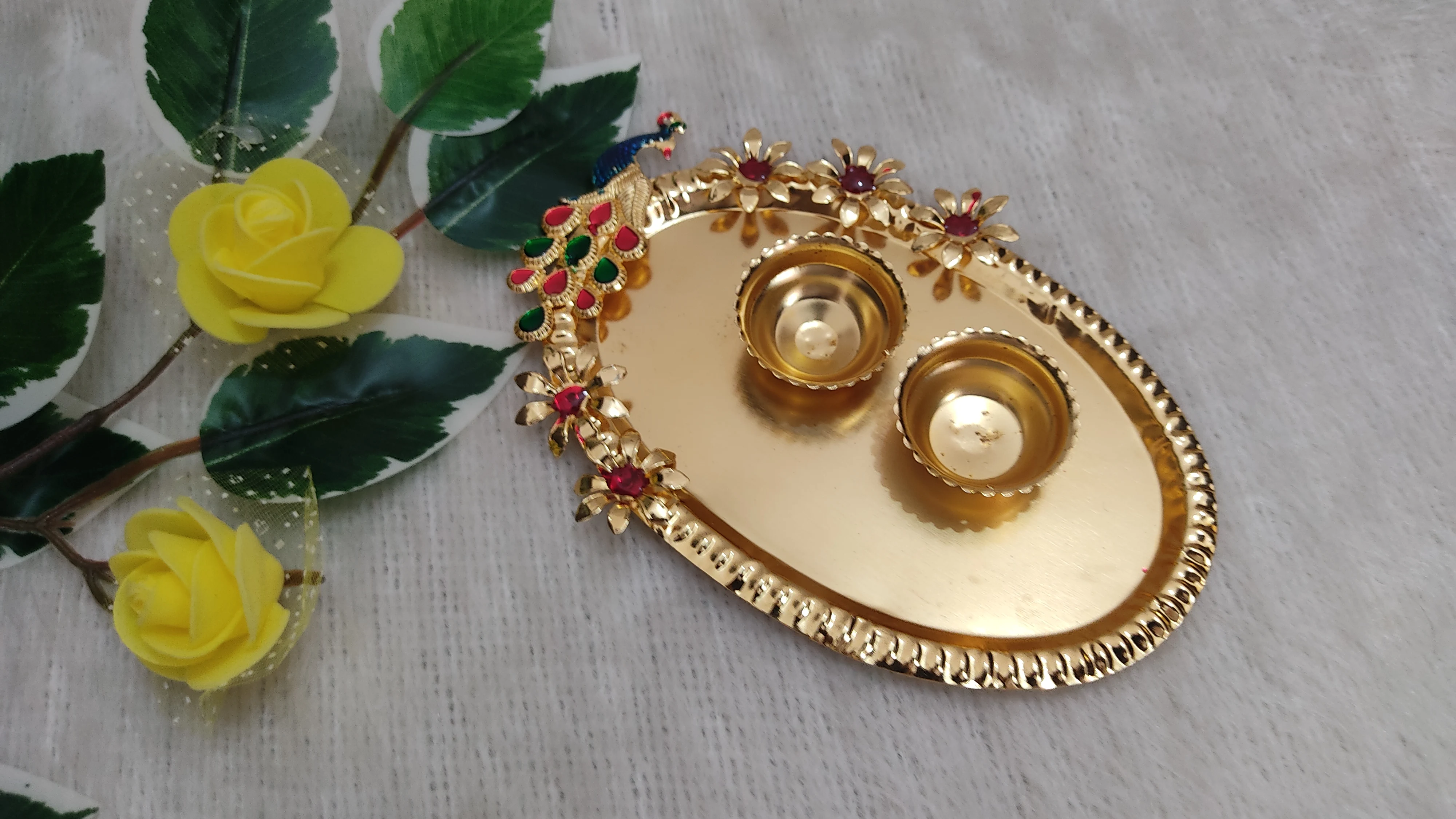 Indian Small Plate Of Kumkum Chabal For Puja, Handcrafted Puja Thali Religious Wedding Favors.