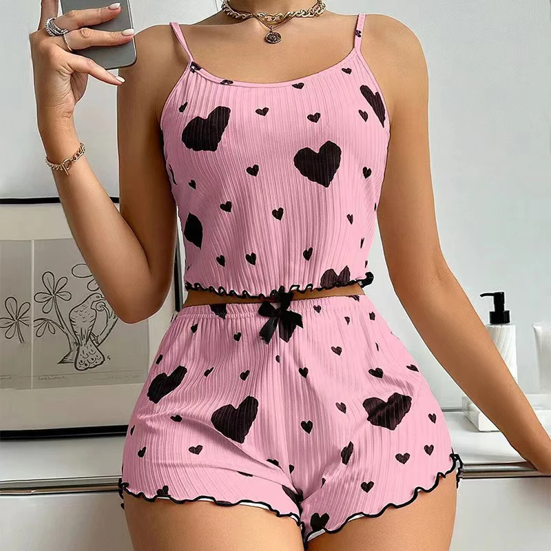 2024 Heart Love Printed Women Summer Sleeveless Short Two Piece Pajama Set Short Women Homewear Sleepwear