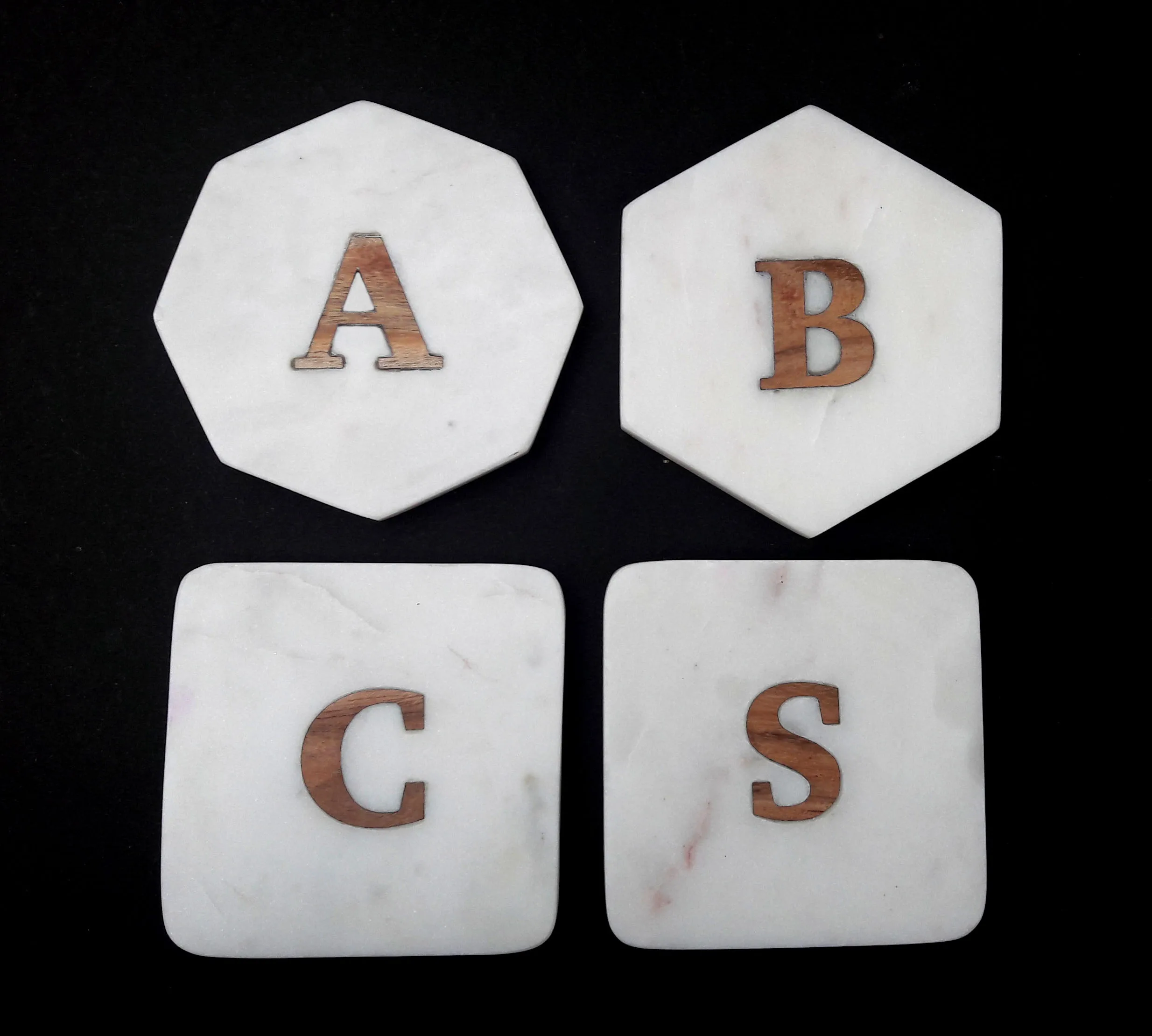 White natural marble Square coasters Pointed Edge Curve Edge stone mat set with gold brass inlay brass strip Green marble felt