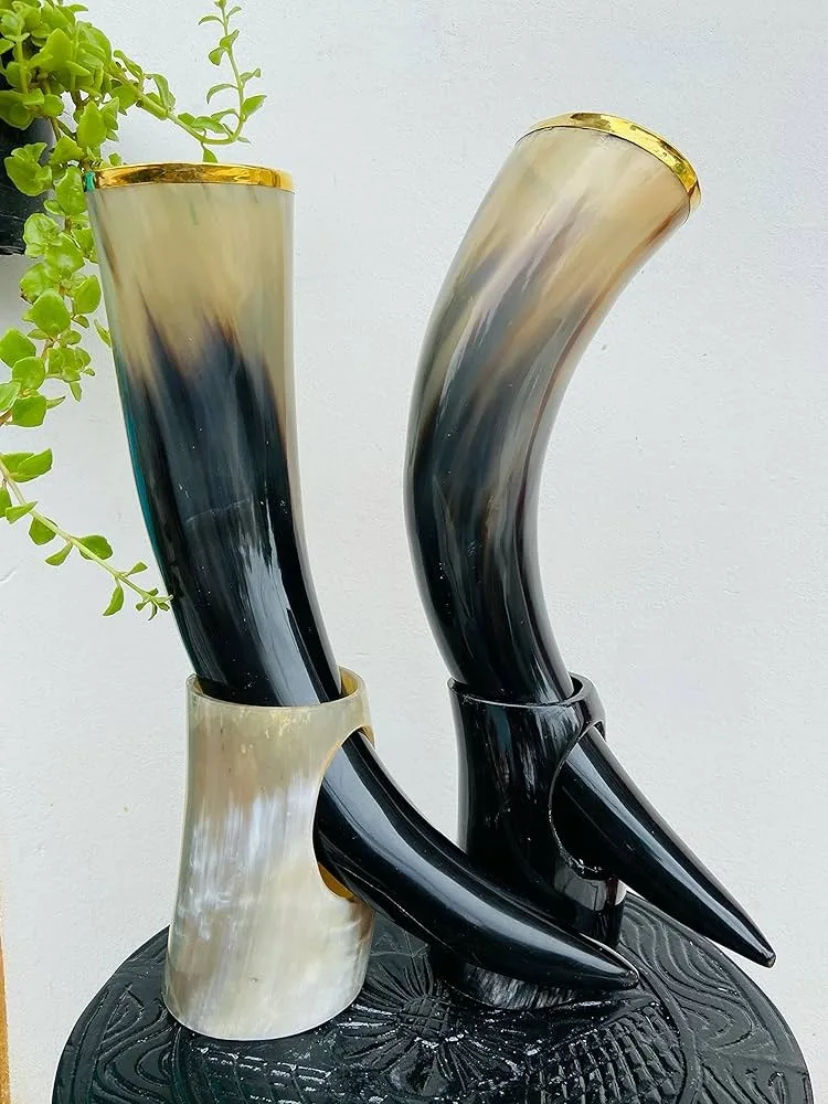 Attractive Polished Buffalo Horn Drinking Horn with Mother of Pearl Flower Design Animal Style Stand and Decorative Flower Pot
