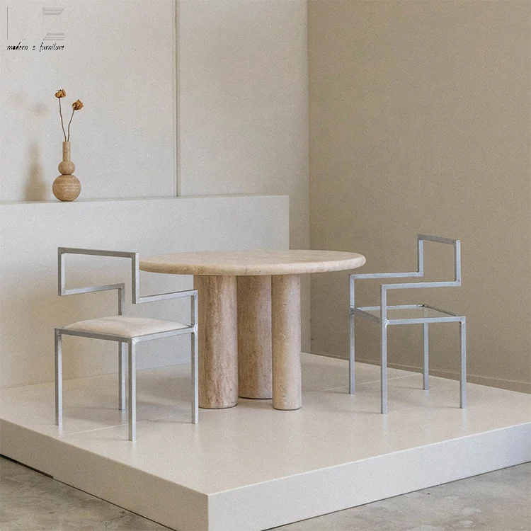 Modern Dining Room Furniture Oval Dinning Table Three Column Basse Beige Stone Round Travertin Travertine Marble Dining Table