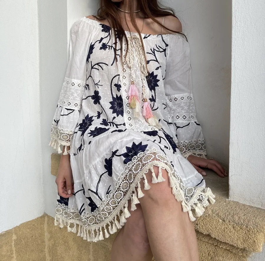 SUMMER KAFTAN STYLE DRESS  ONE SIZE FITS ALL SIZES  ELASTIC SHOULDERS FOR ADJUSTABLE FIT  COMPOSITION: 100 PER CENT COTTON