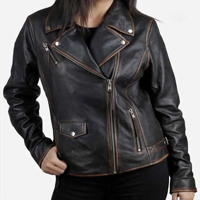 Waist-cinched genuine leather motorcycle jacket sheepskin leather jacket genuine leather jacket for women