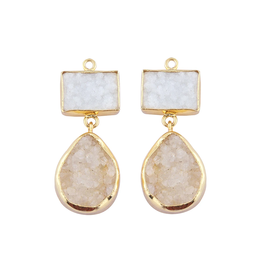 Gold Plated White Agate Druzy Earring Connector/ Collet Sett Rectangle & Round Shape Gemstone Finding Jewelry