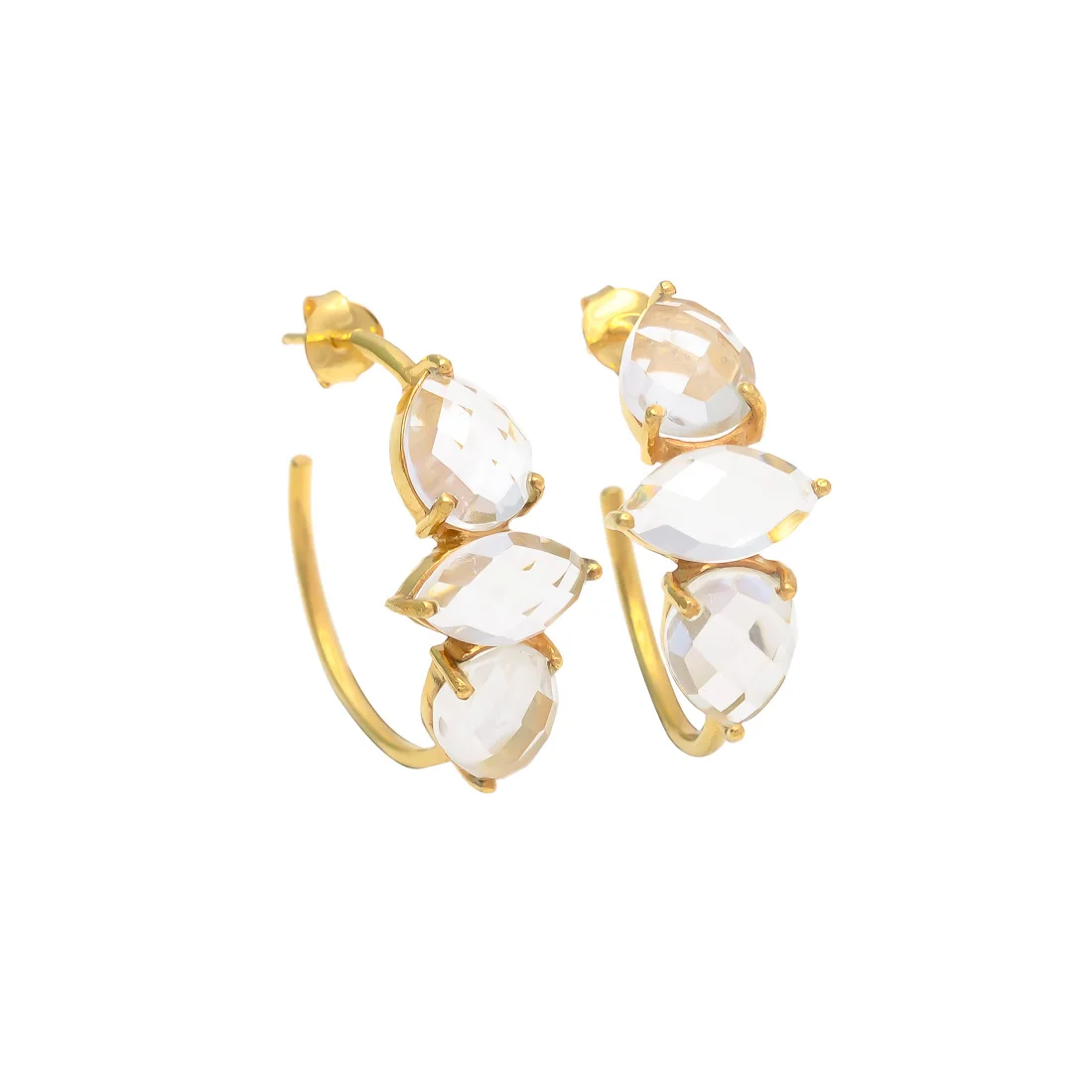 NEW ARRIVAL CRYSTAL QUARTZ GEMSTONE PEAR AND MARQUISE SHAPE 7*9/*10 MM GEMSTONE BRASS EARRING GOLD PLATED BRASS EARRING