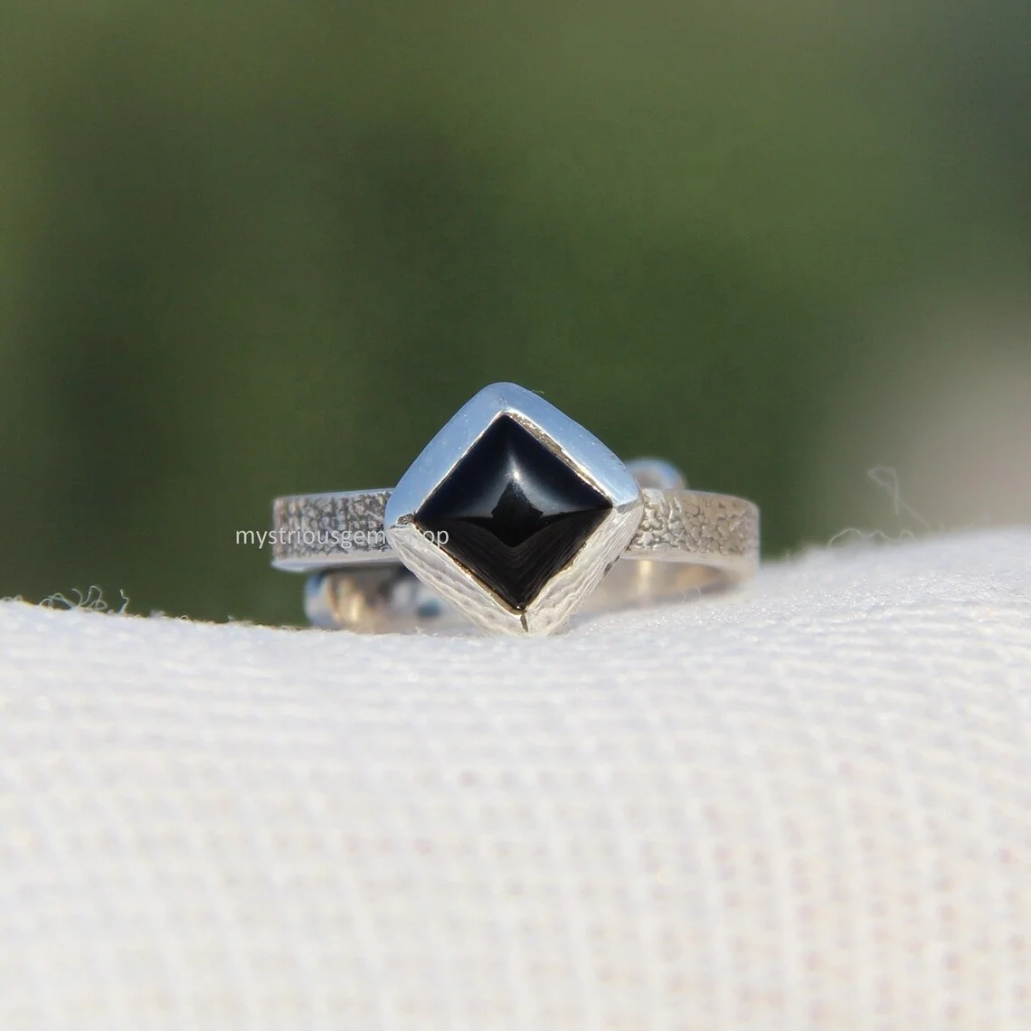 Solid 925 Sterling Silver Adjustable Ring Black Onyx Cabochon Ring Square Shape Gemstone Handmade Ring For Gift