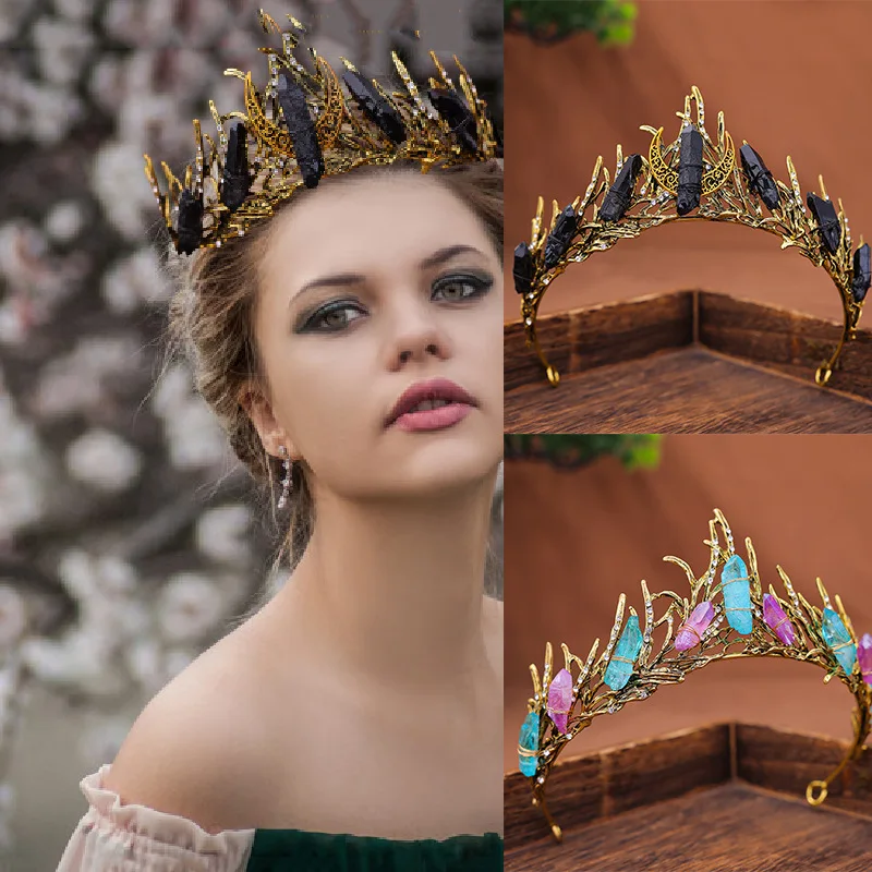 Vintage Natural Stone Bridal Crown Tiara Headband Handmade Hair Accessory For Wedding Party Halloween Costume
