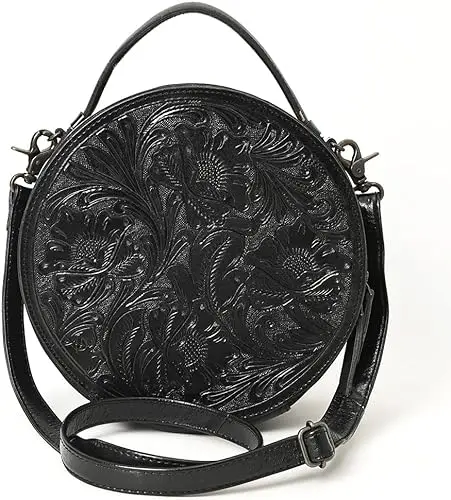 Full Black Round Bag High Quality Cowhide Floral Hand Tooled Designer Western Canteen Bag Hand Carving Bag At Best Price