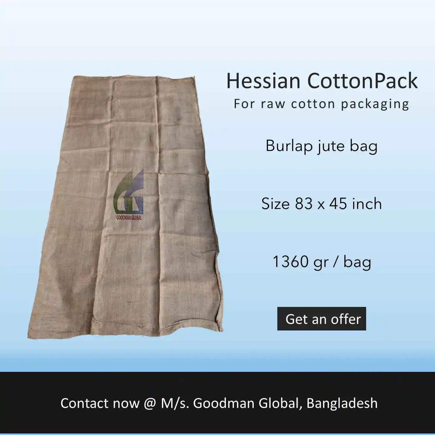 83x45 inch 1360g Hessian cottonpack for raw cotton packing burlap jute sack best gunny bags wholesale Goodman Global Bangladesh