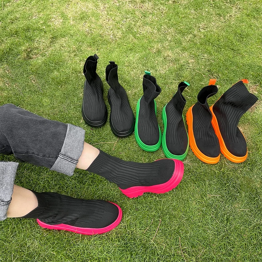 Women Ankle Boots Thick Platform Knitted Socks Boots 2023 Ladies Winter Chelsea Boots Women Shoes