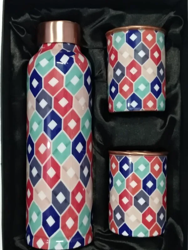Premium Pure Copper Water Bottles with Glass Custom Art Designs, Wholesale Supplier from India