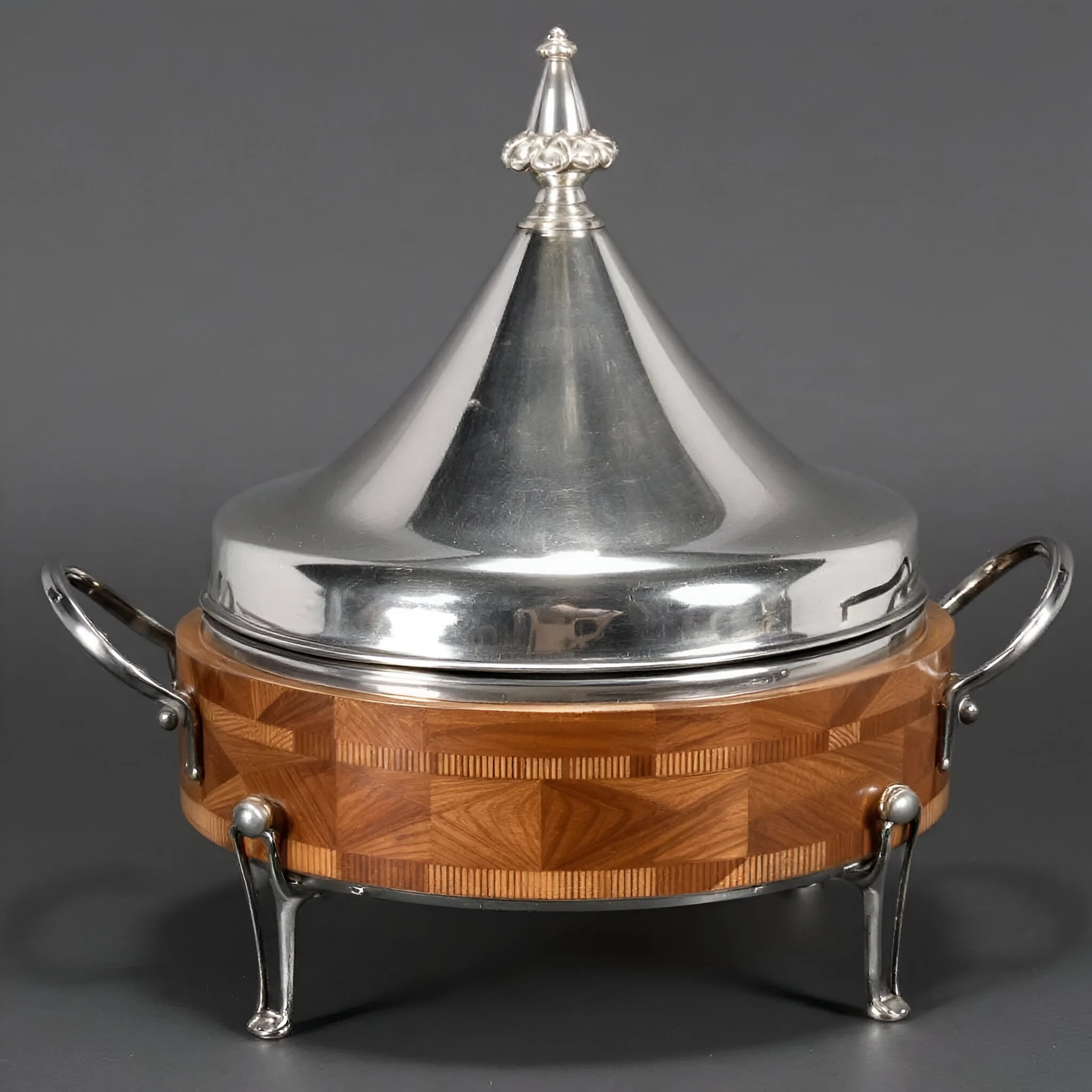 Artisan Elegance Casserole Dish Intricate Wood Inlay & Textured Metal Stainless steel Chafing Dishes with Lid for Stylish Serve