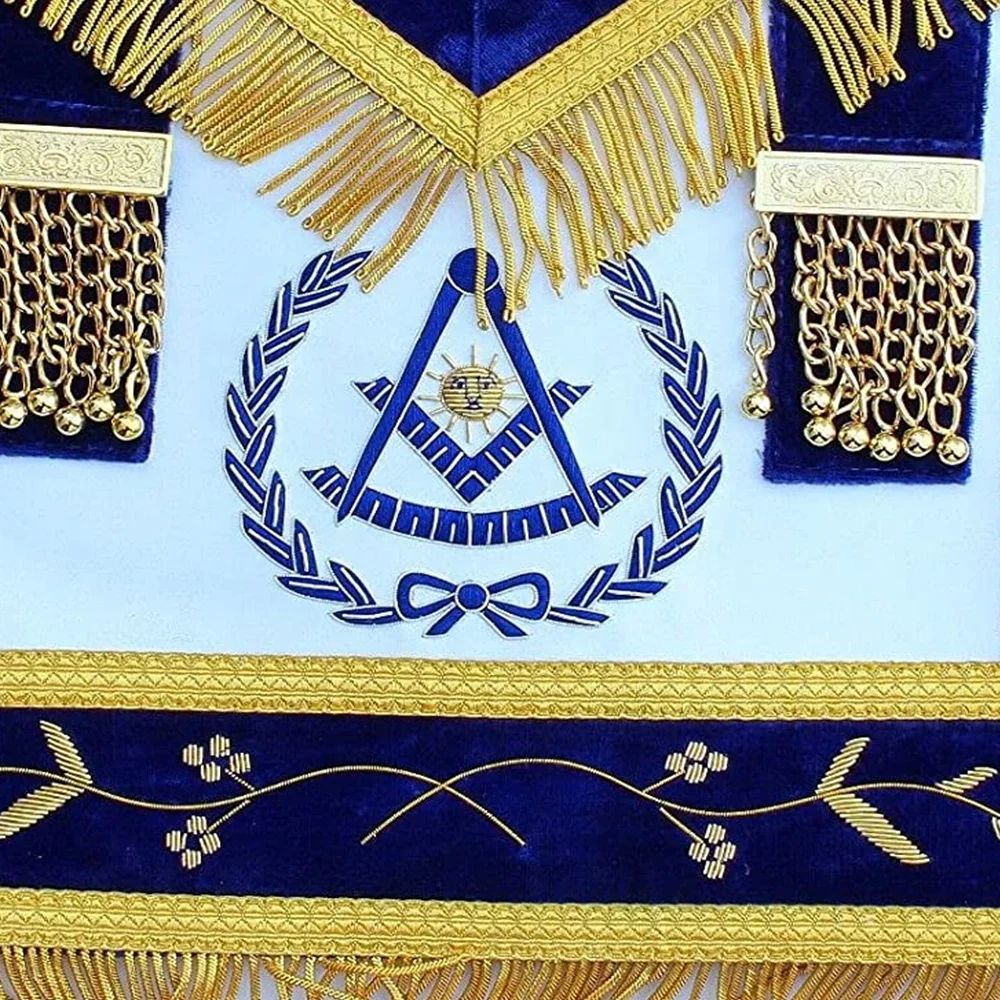 Masonic Grand Past Master apron with gold bullion blue thread purple velvet and backing with pocket and adjustable belt