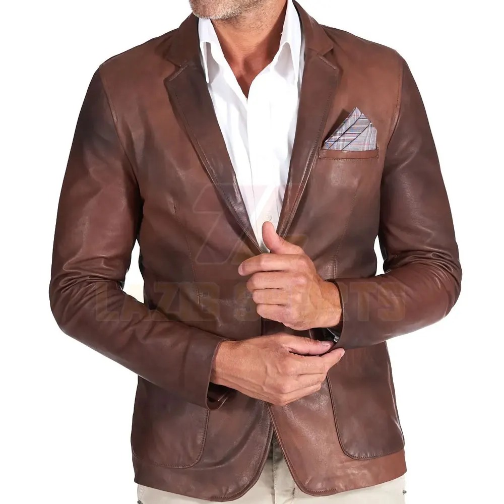 Fine Quality Natural Cow Leather Blazer Wine Brown For Men / Natural Cow Skin Leather Blazer Mens