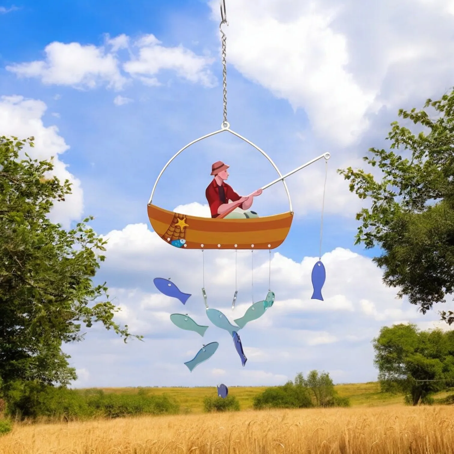 Acrylic Fish and Metal Fisherman Hanging Ornament - Ideal for Beach House Decor