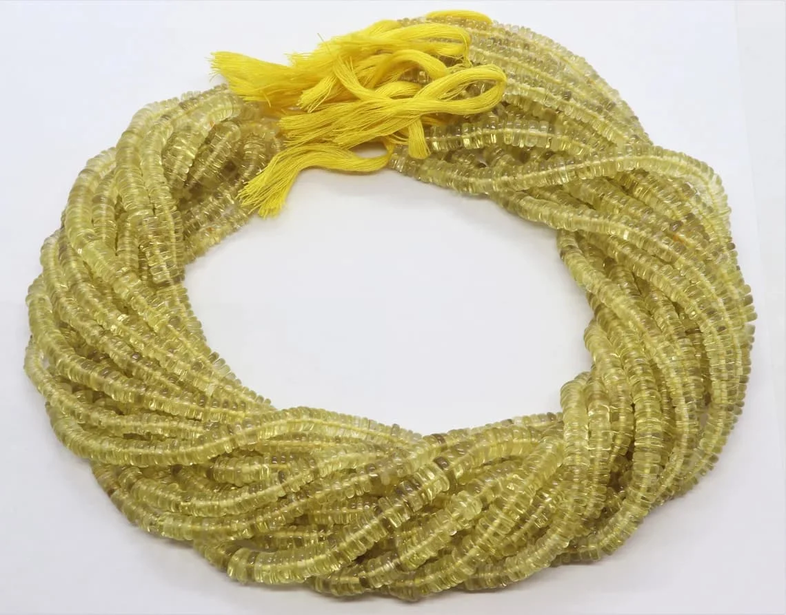 Natural Lemon Quartz Smooth Heishi Wheel Shape Gemstone Beads For Jewelry Making In Wholesale Price By Indian Manufacturer 5-6mm