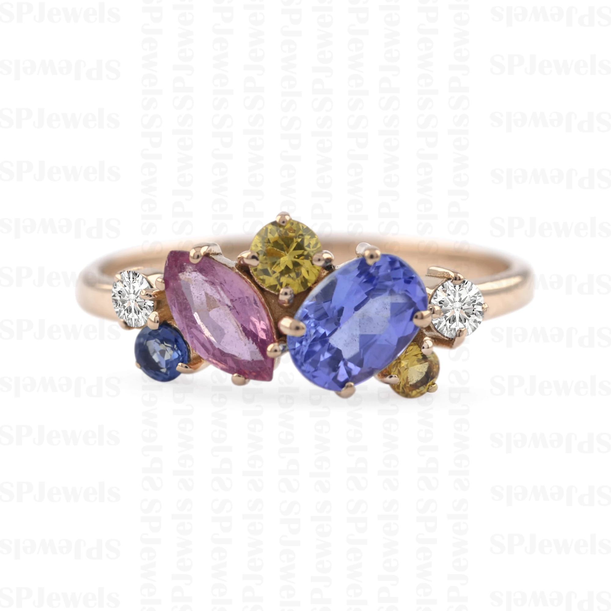 Trendy Multi Stones Rings Solid 18K Yellow Gold Unshaped Design Natural Gemstone SI G-H Diamond Wedding Ring Available for Ship