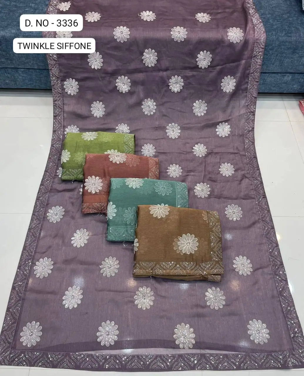 Stunning Twinkal Chiffon Saree with Heavy Sequence and Swarovski Work Fancy Border Running Blouse for Adults Made of Organza