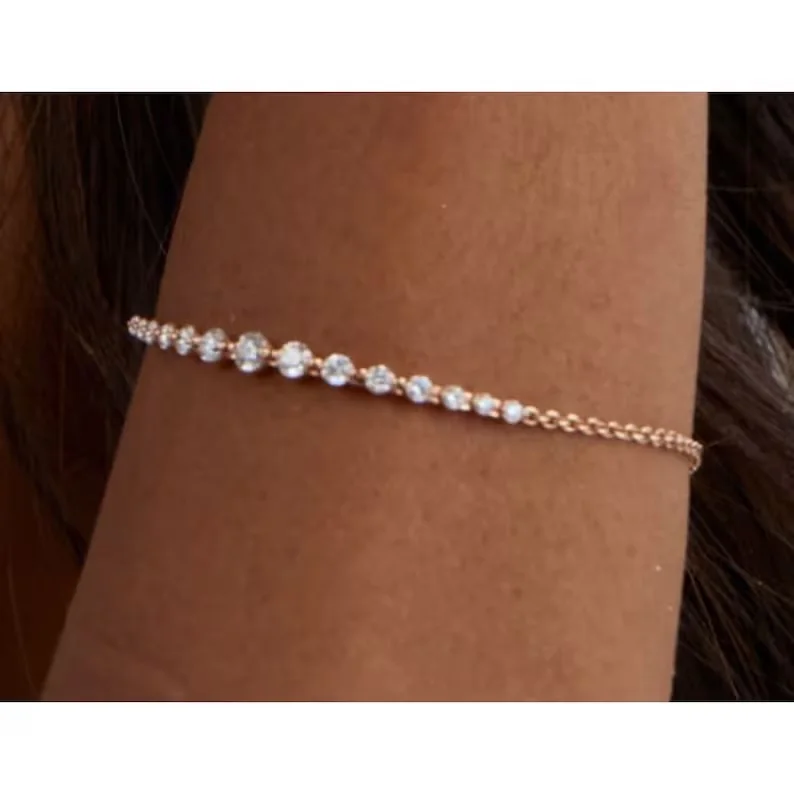 Lab Grown Diamond Semi-Half Bracelet 10k 14k 18k Gold White Yellow Rose Bracelets Custom Gift for Women Make to Order HPHT CVD