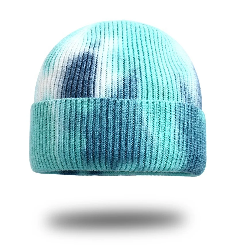Wholesale Tie Dye Distressed Winter Hat Knitted Cuffed Beanie Hats Print All Beanies Custom Logo 100% Acrylic 2024 Trending