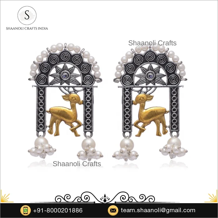Antique Silver Oxidized Dual Tone Earrings New Arrival Wedding Jewelry for Women Gold and Brass with Pearl Ethnic Style Gift