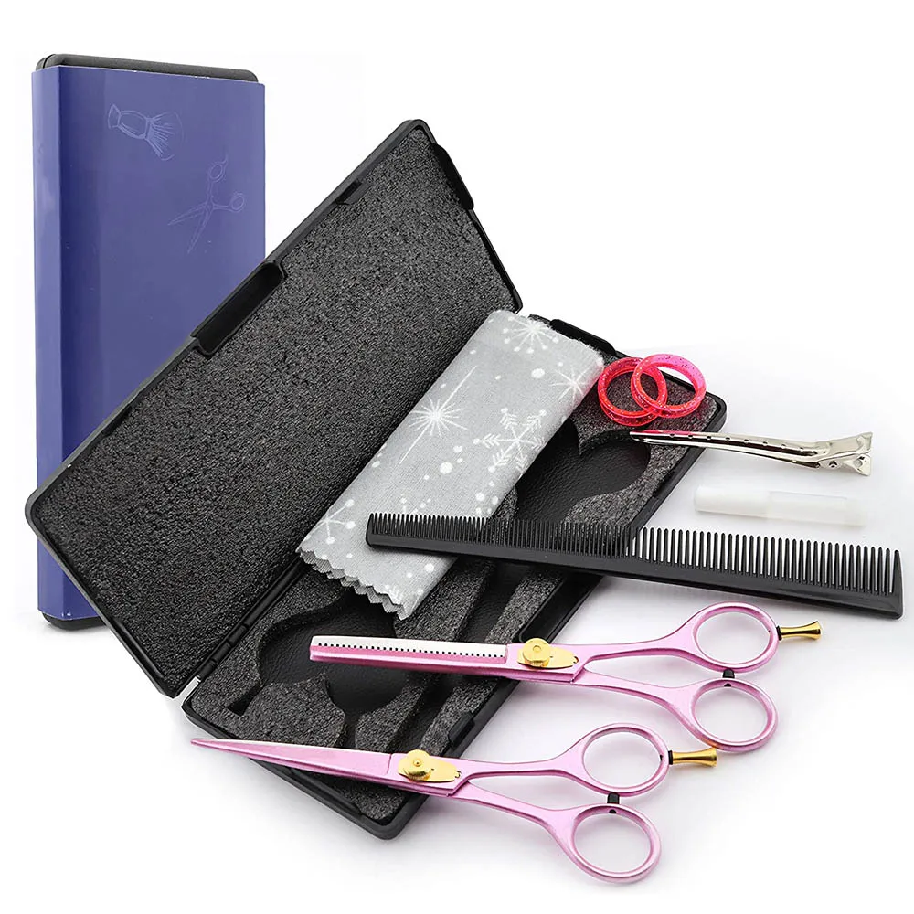 Barber Scissors Kit Baby Pink Color Coated Hair Cutting Salon Scissor Barber Thinning Shears 2 Pcs Hairdressing Set