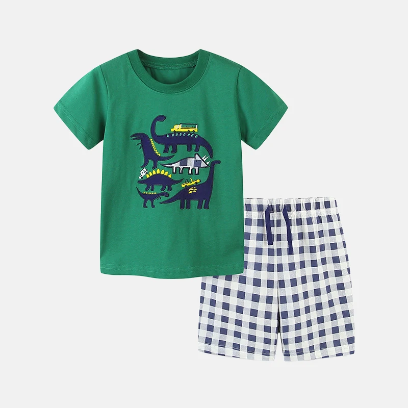 GDTEX Custom New Design Soft Breathable Dinosaurs Pattern Kid clothing Shirt and Shorts 2pcs Kid Clothes Set for Summer